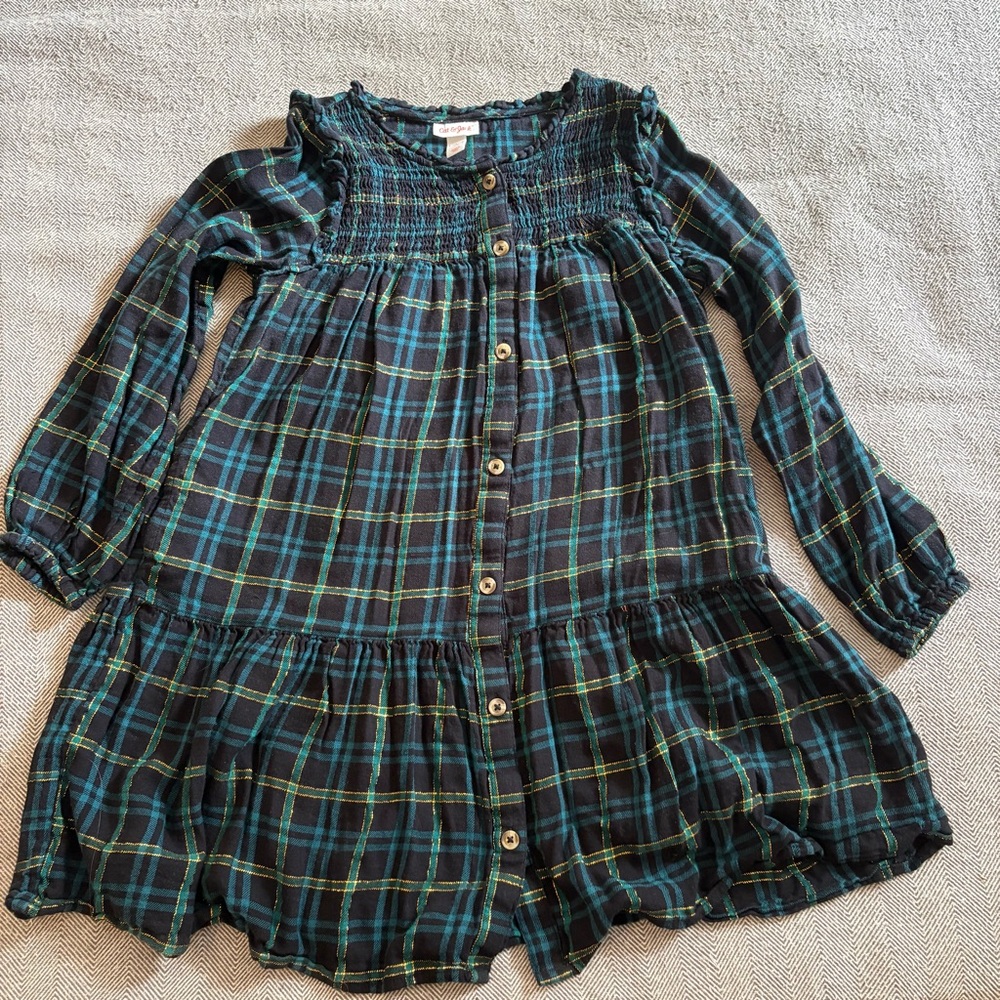 Cat & Jack Navy, Teal & Gold Plaid Button-Front Dress 10/12